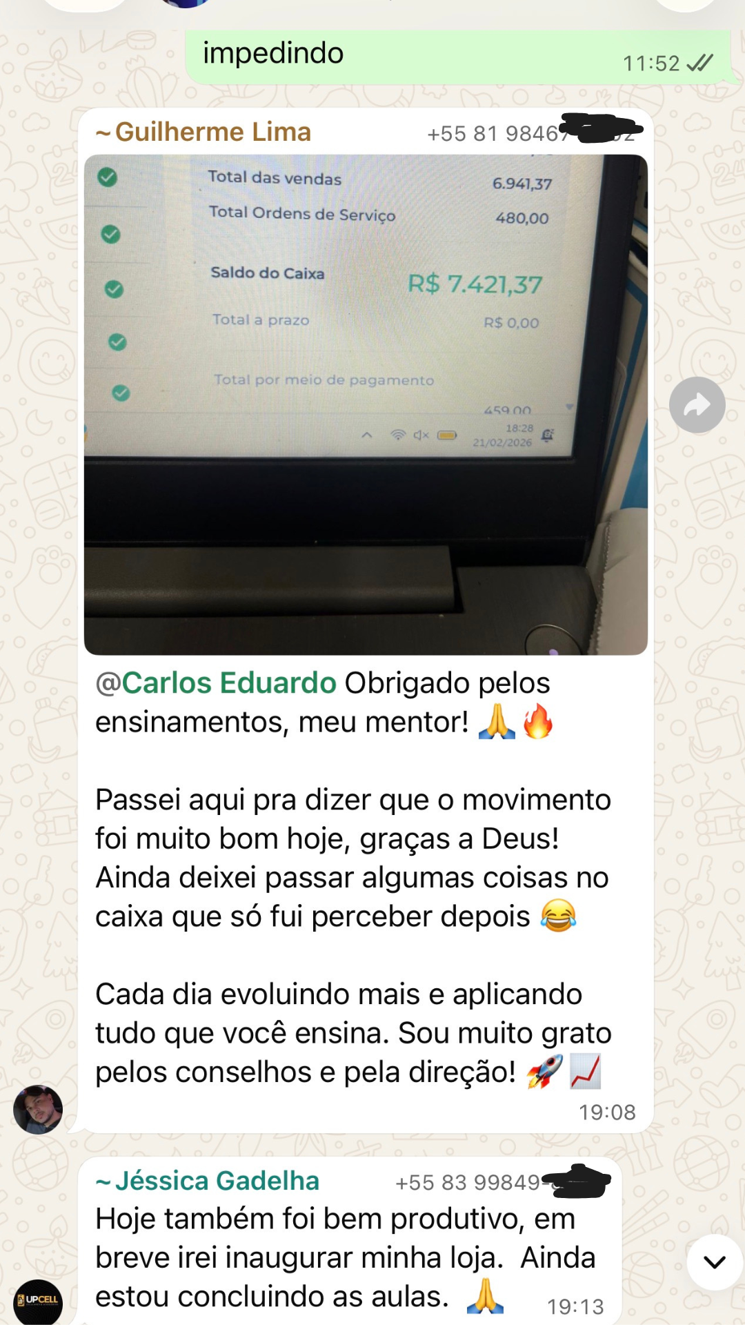Depoimento de aluno LCL — Guilherme Lima: saldo de caixa de R$ 7.421,37 aplicando o método